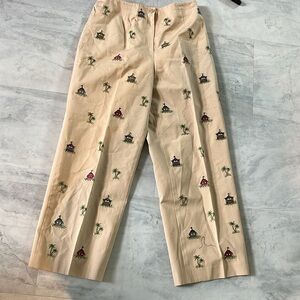 Talbots  pants crop / ankle  high waisted  100% cotton khaki/ embroidery  size 8